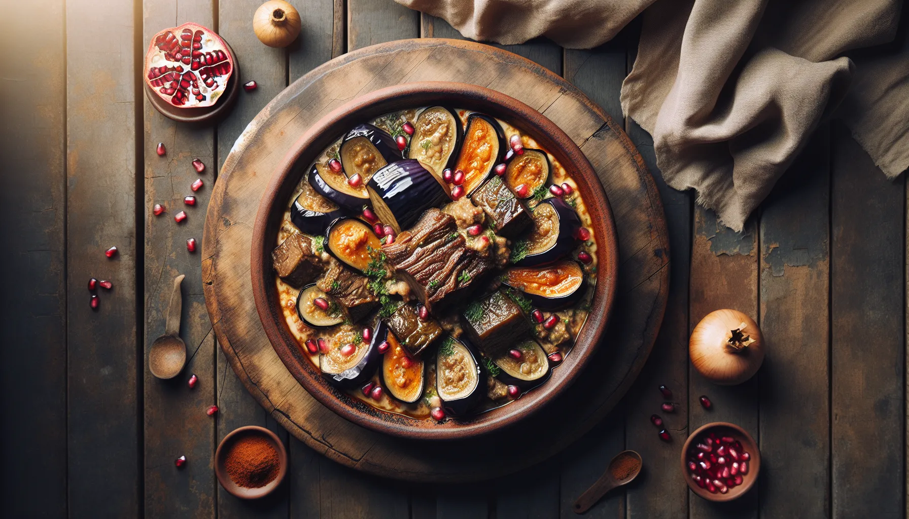 Lebanese Lamb and Eggplant Stew with Sumac and Pomegranate plated