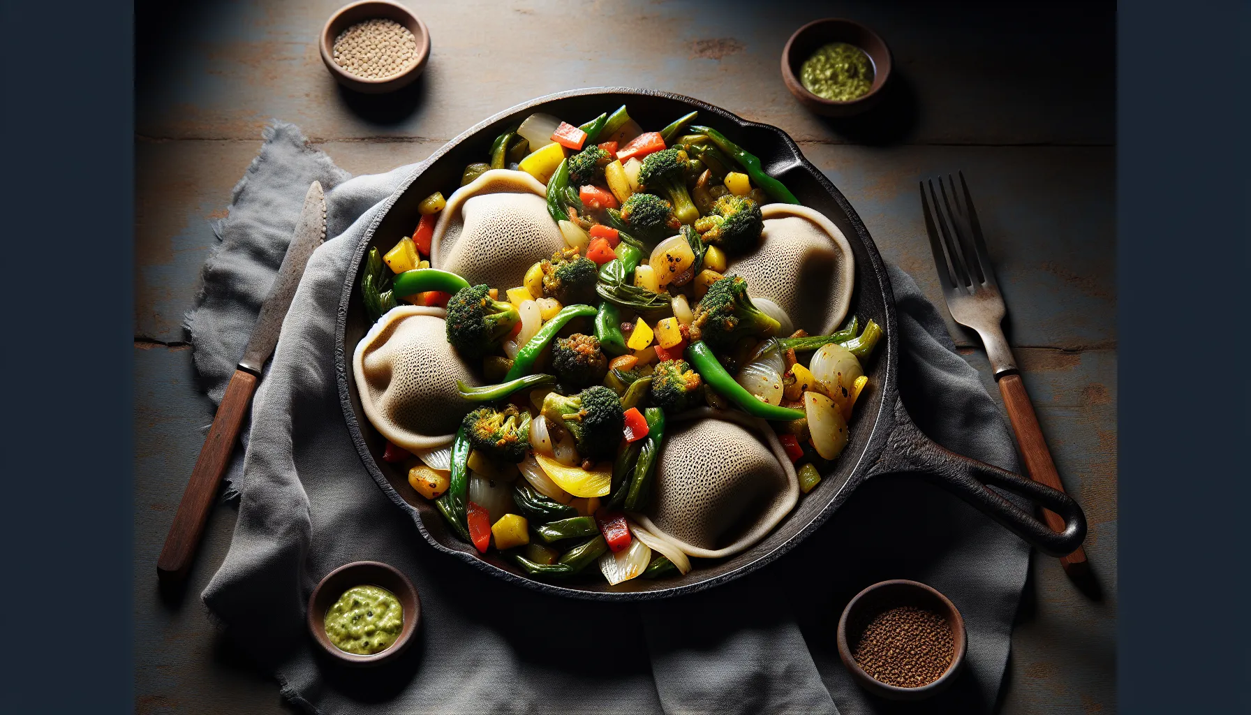 Ethiopian-Inspired Vegetarian Injera Dumplings with Stir-Fried Seasonal Vegetables plated
