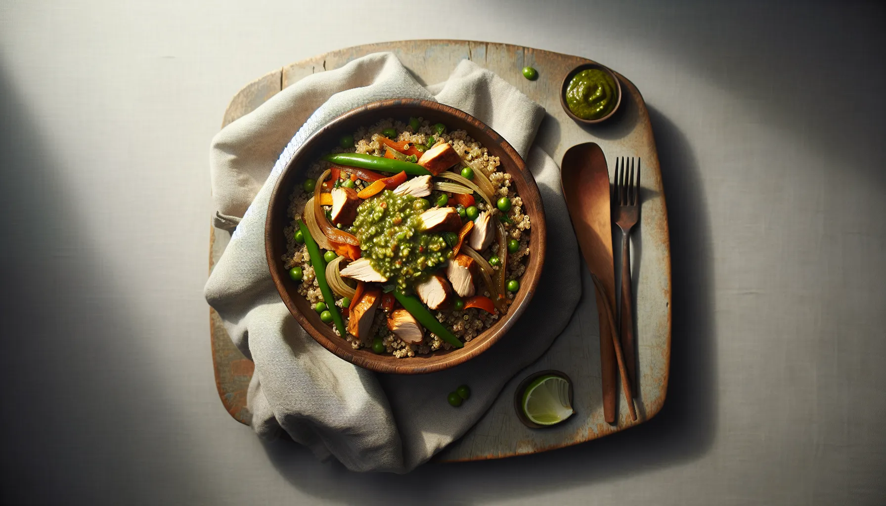 Peruvian Quinoa and Chicken Stir-Fry with Aji Verde Sauce plated