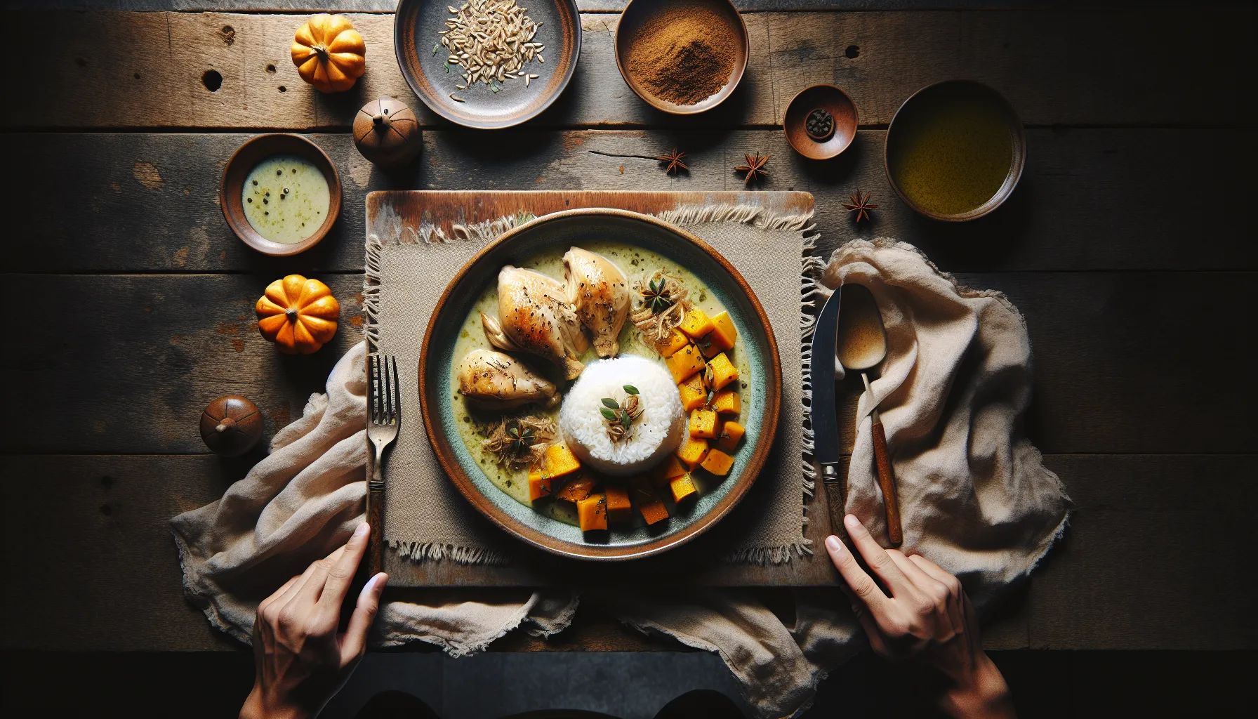 Indonesian-Inspired Poached Chicken with Spiced Pumpkin and Coconut Rice plated