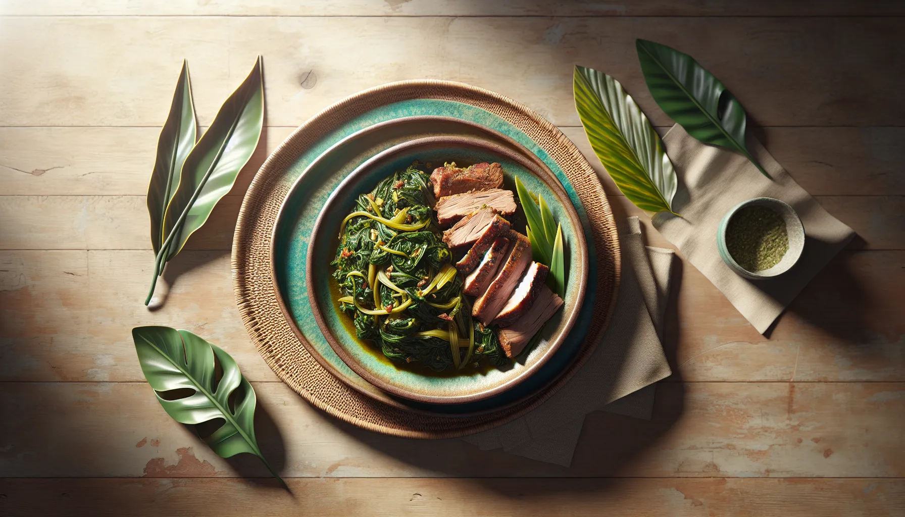 Caribbean-Style Steamed Callaloo with Spiced Pork plated