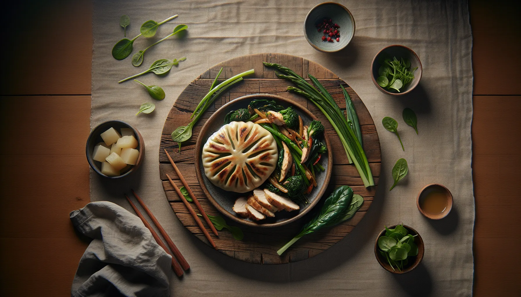 Chicken and Vegetable Siopao with Seasonal Greens plated