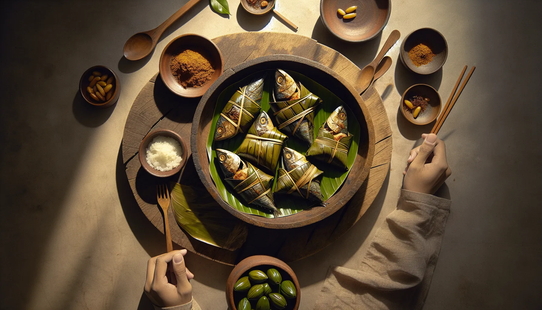 Indonesian Pepes Ikan (Steamed Spiced Fish in Banana Leaves) plated