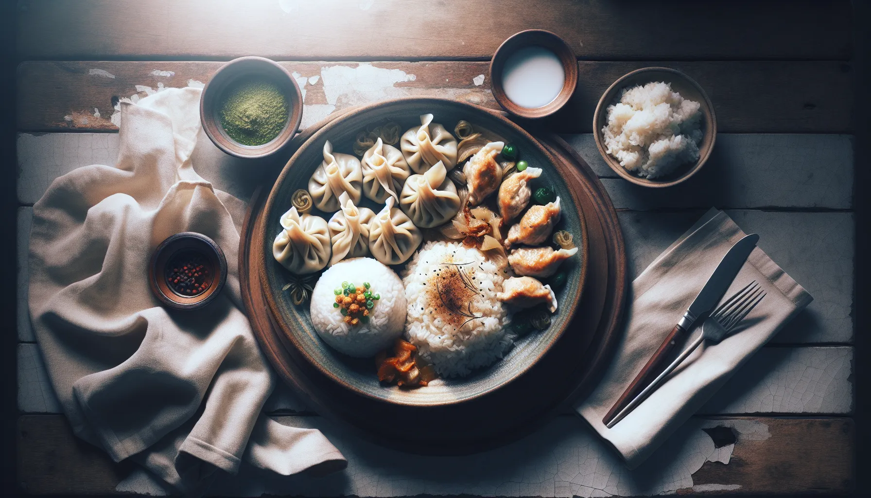 Indonesian Chicken Dumplings with Coconut Rice plated