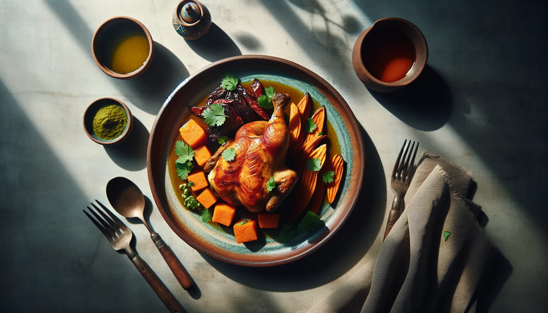 Peruvian Braised Chicken with Sweet Potato and Aji Verde plated