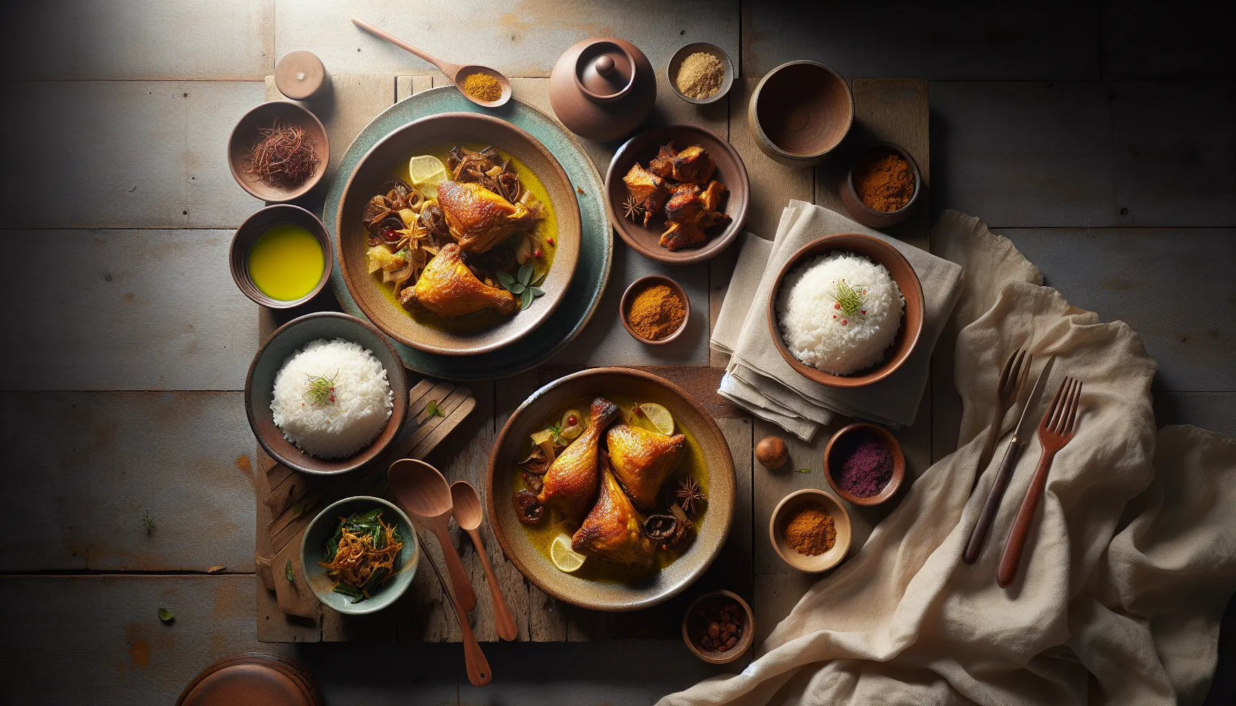 Indonesian Pressure-Cooked Chicken Rendang with Coconut Rice plated