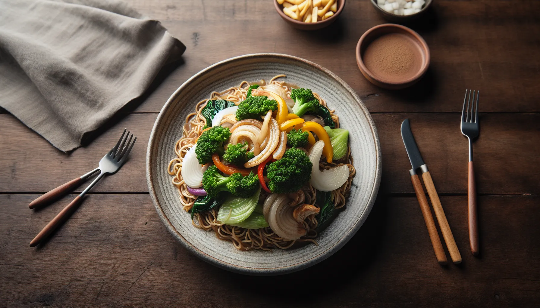 Peruvian Tallarín Saltado with Steamed Vegetables plated
