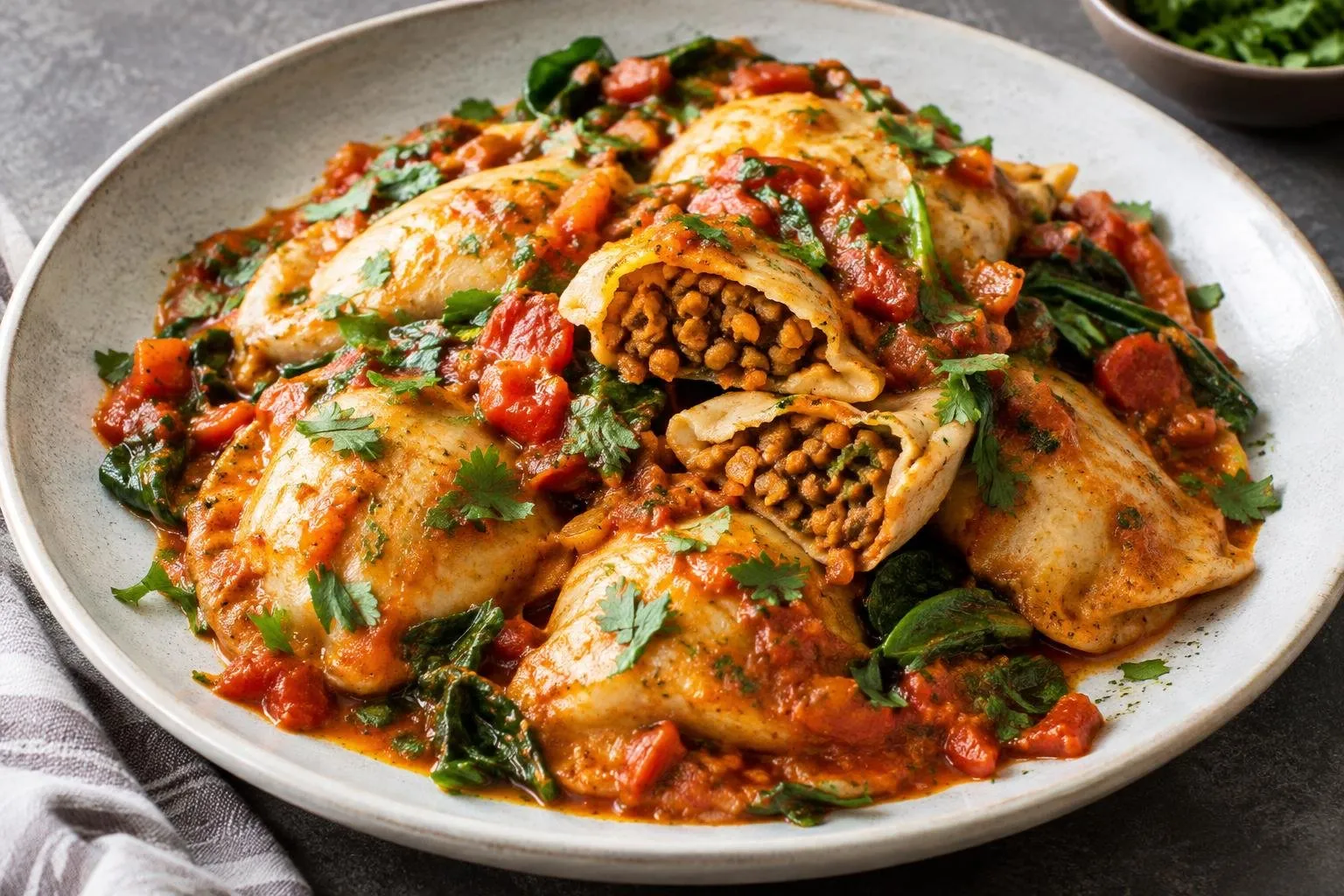 Enjera-Inspired Ethiopian Dumplings with Spiced Lentil Filling plated and ready to serve