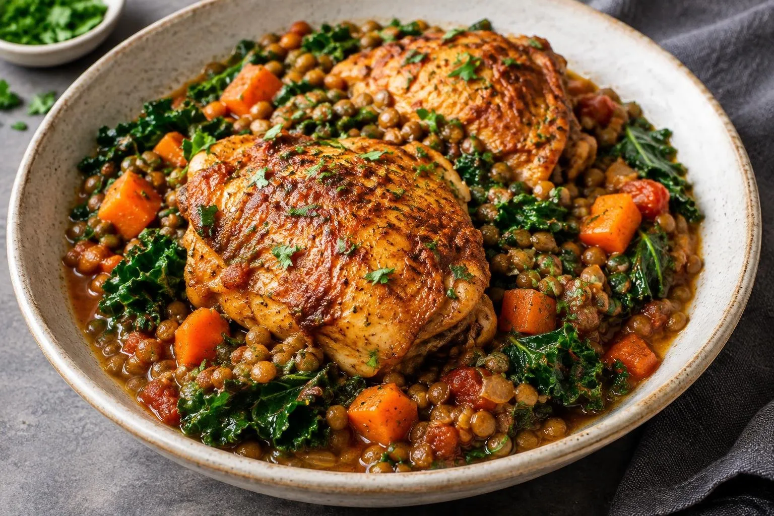 Ethiopian-Inspired Slow-Braised Chicken and Lentil Skillet Supper plated and ready to serve