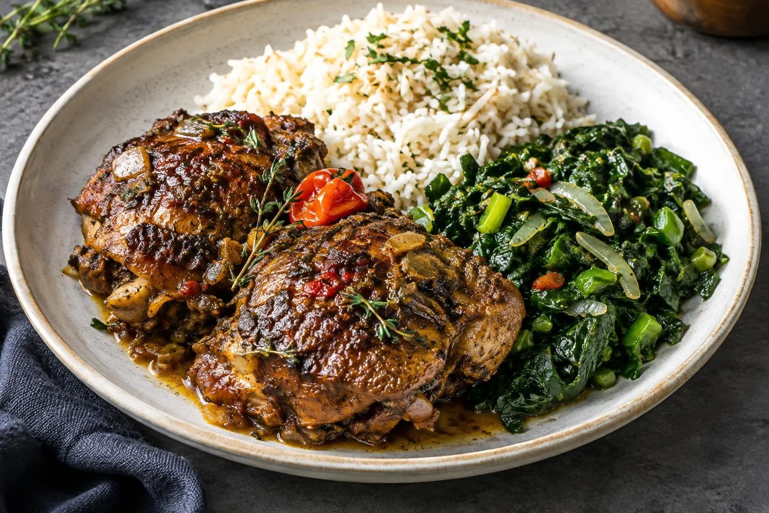 Slow-Braised Caribbean Jerk Chicken with Callaloo plated and ready to serve