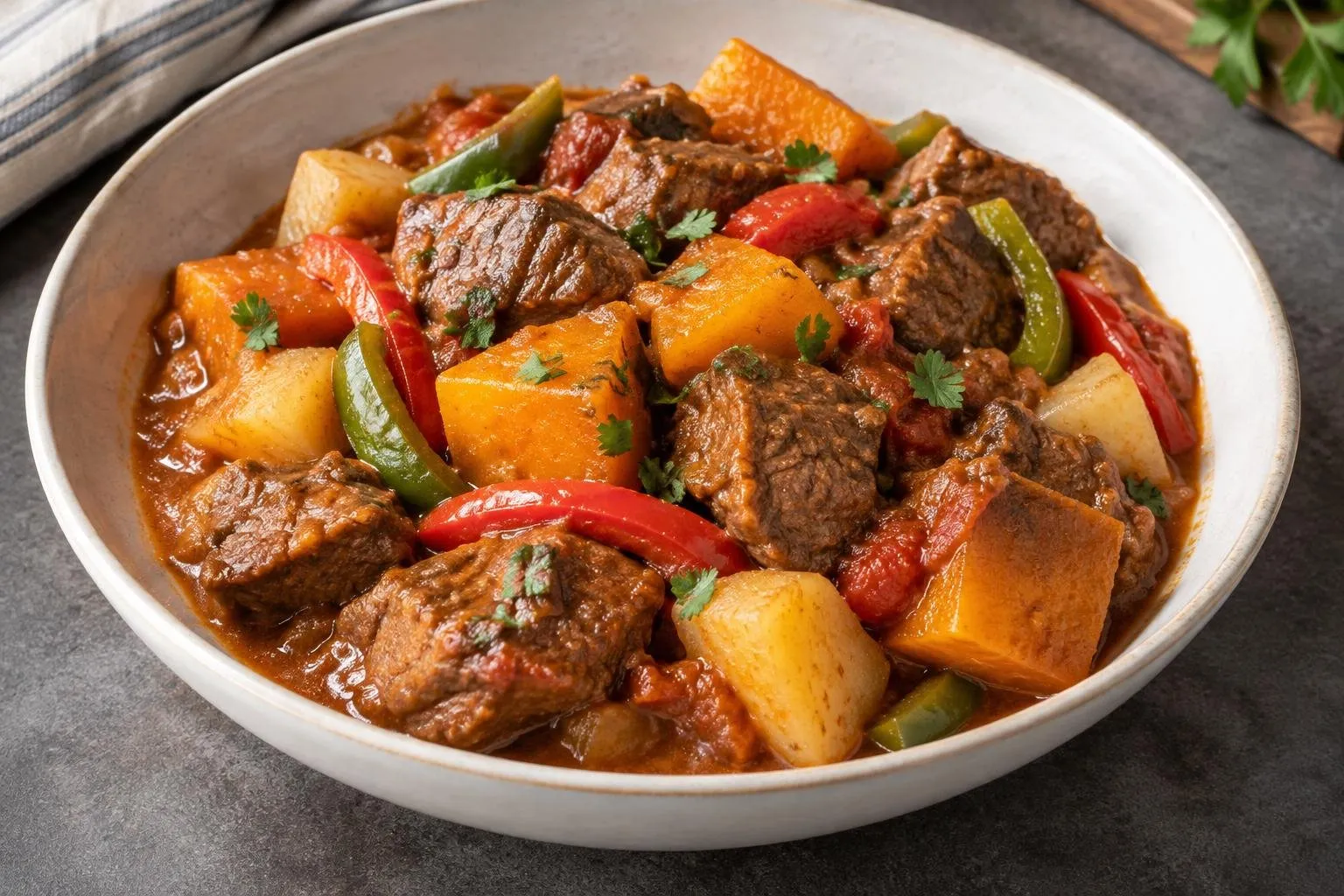 Slow-Braised Filipino Beef Kaldereta with Seasonal Vegetables plated and ready to serve
