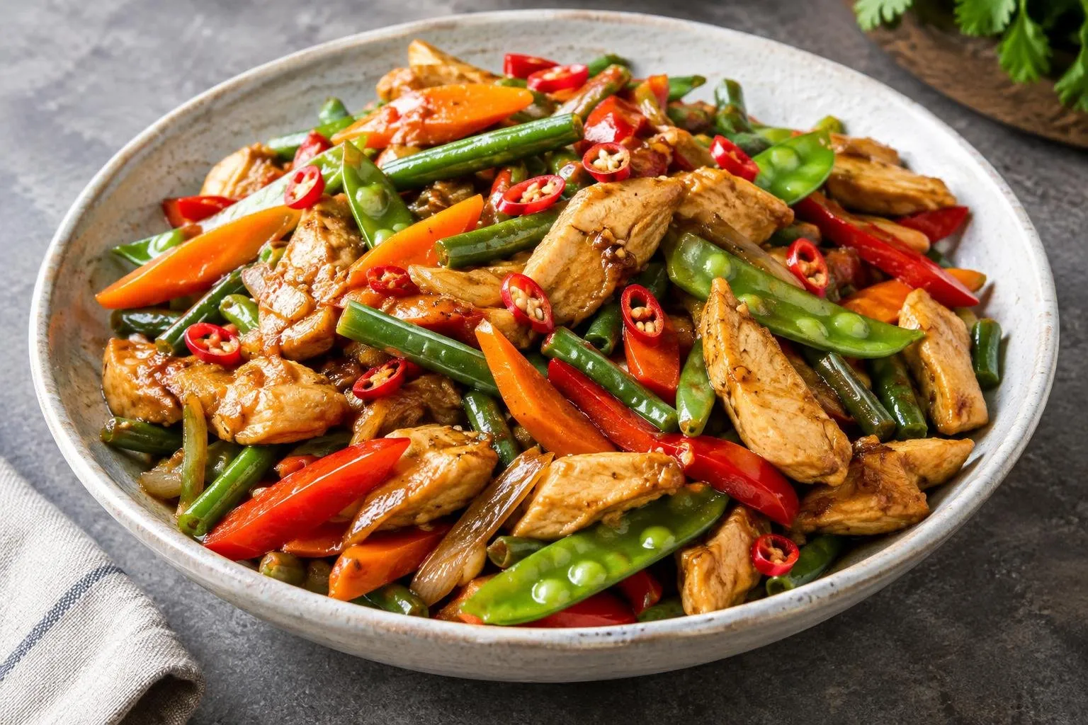 Indonesian Stir-Fried Chicken with Seasonal Vegetables plated and ready to serve