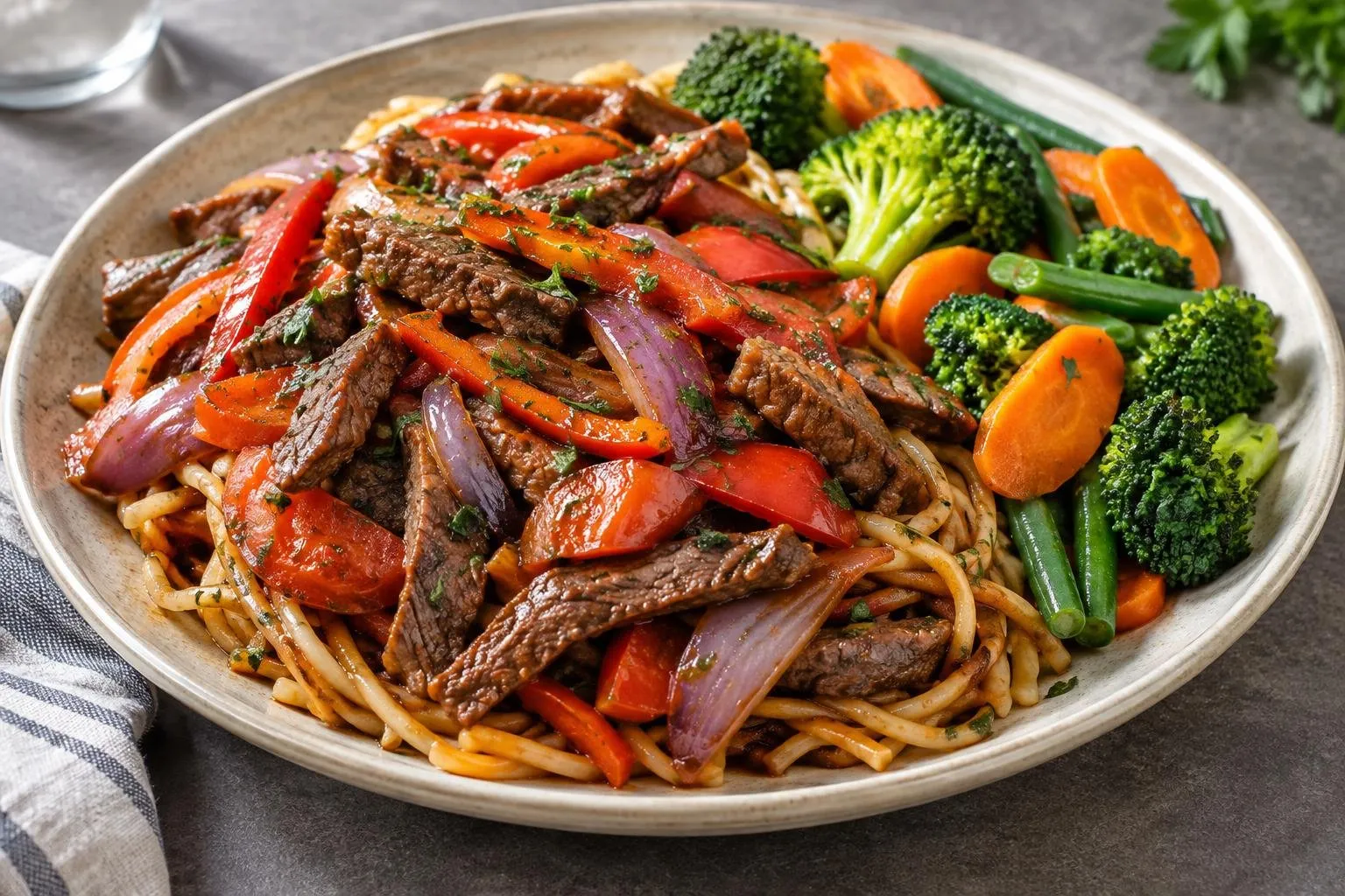 Peruvian Tallarín Saltado with Steamed Vegetables plated and ready to serve