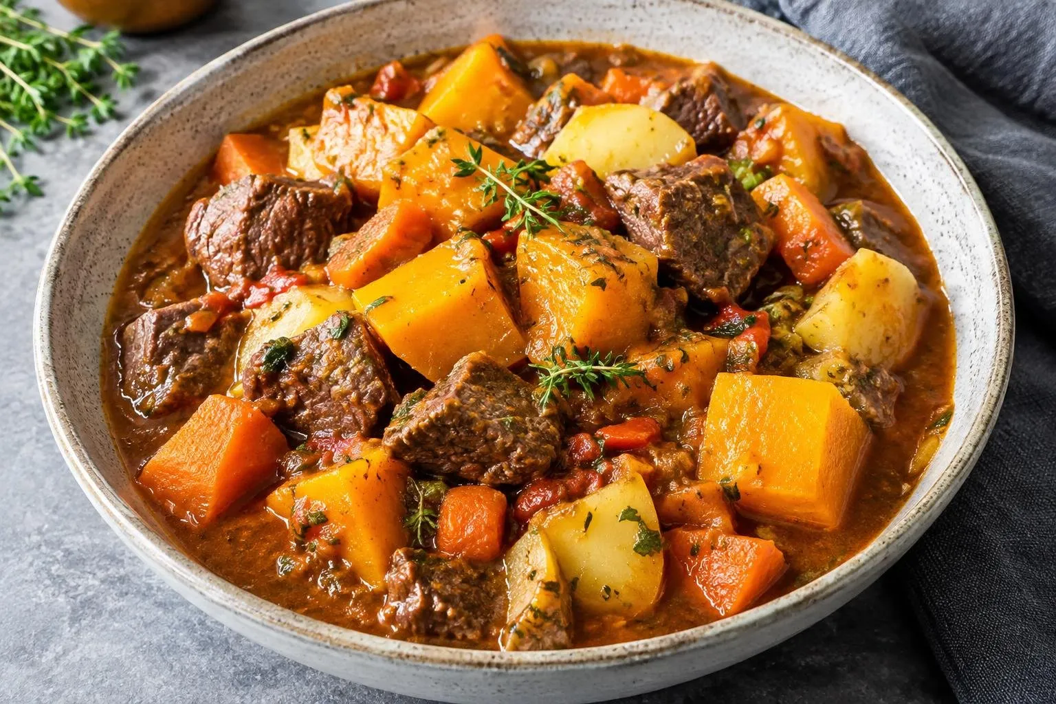 Slow-Cooked Caribbean Pumpkin and Beef Stew plated and ready to serve