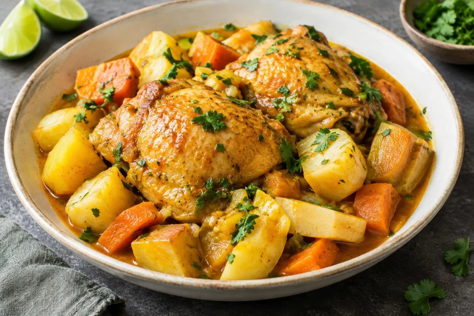 Peruvian Chicken and Potato Stew with Aji Amarillo plated and ready to serve