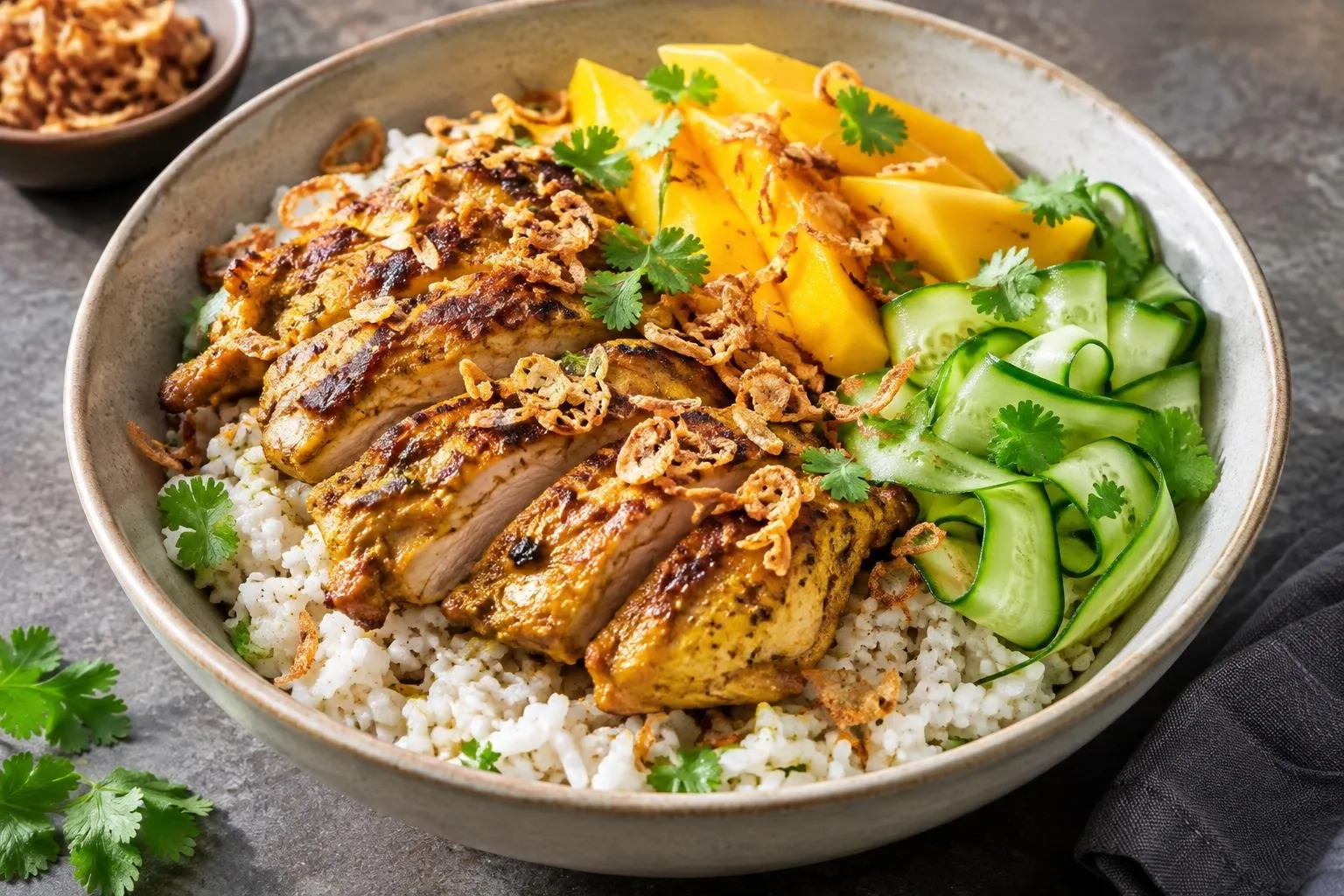 Indonesian Grilled Chicken Salad Bowl with Tropical Mango and Coconut Rice plated and ready to serve