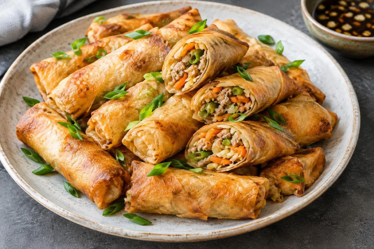 Pork and Vegetable Stir-Fried Lumpia Rolls plated and ready to serve