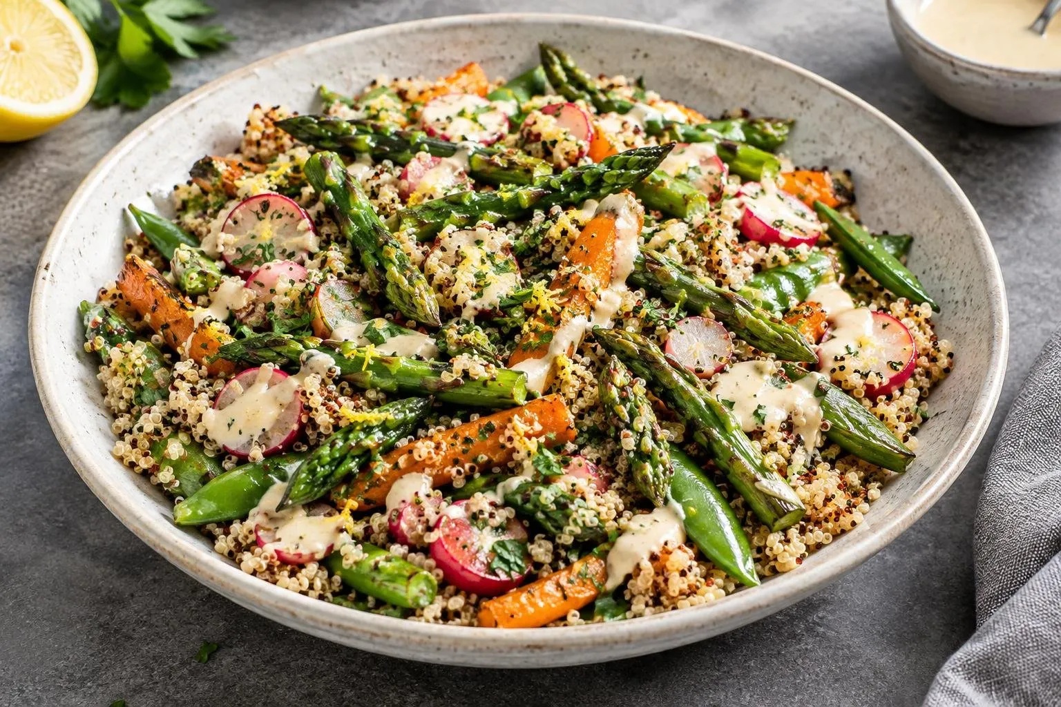 Roasted Spring Vegetable and Quinoa Salad with Lemon-Tahini Dressing plated and ready to serve
