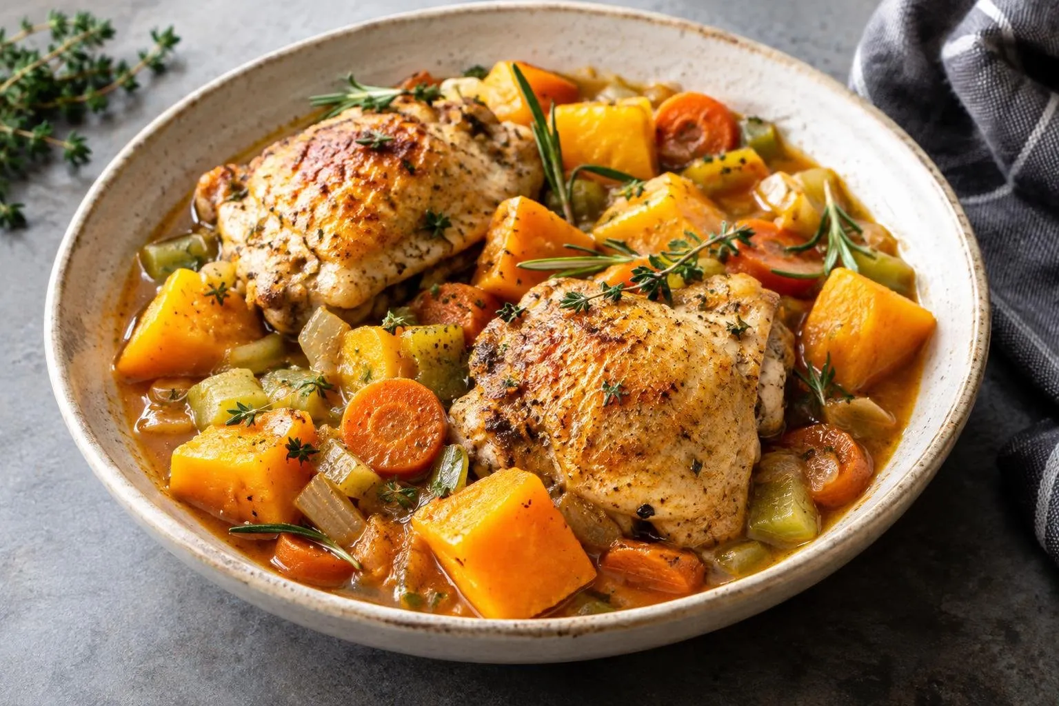 Hearty Autumn Chicken and Butternut Squash Stew plated and ready to serve