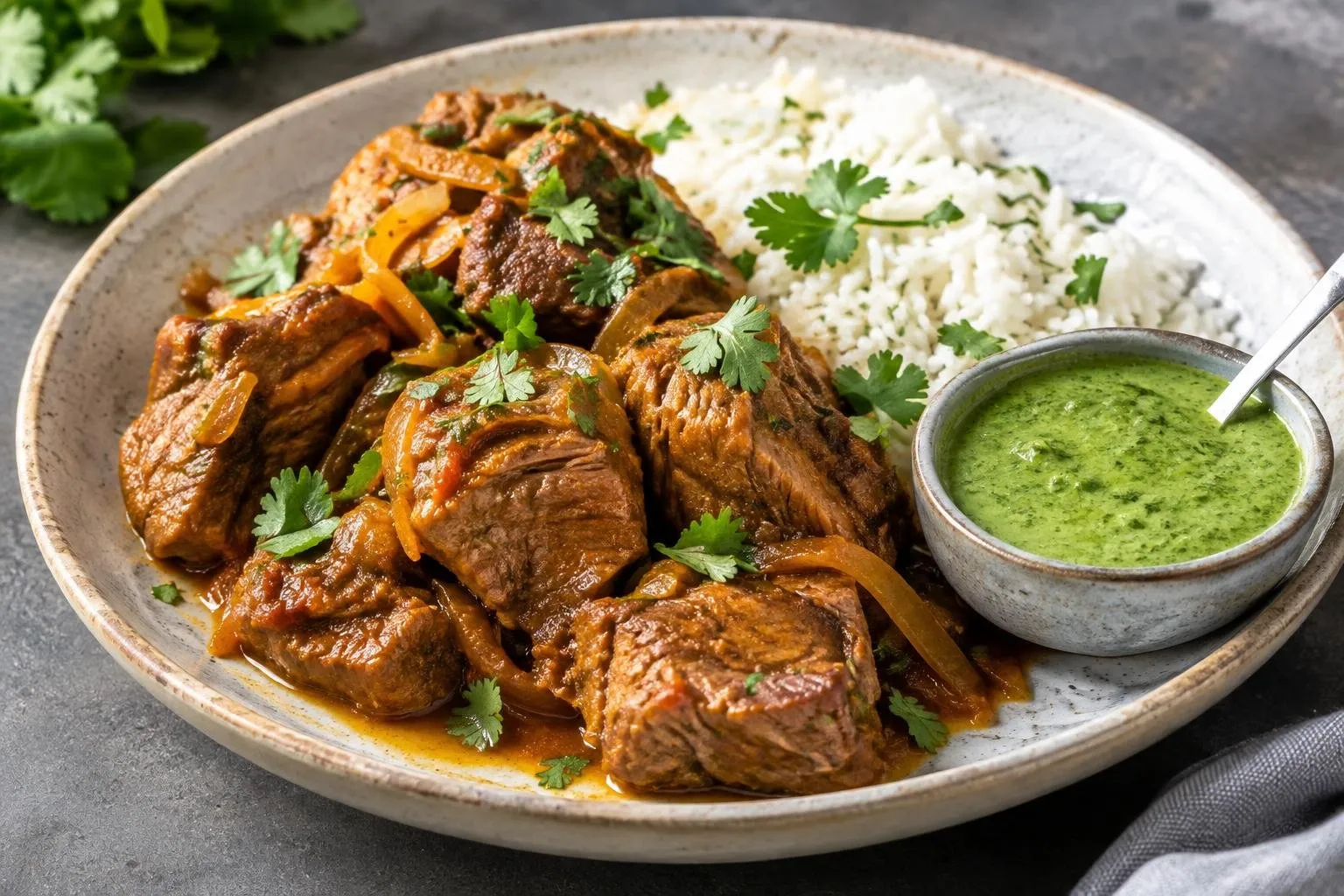 Peruvian-Style Pressure Cooked Pork with Aji Verde Sauce plated and ready to serve