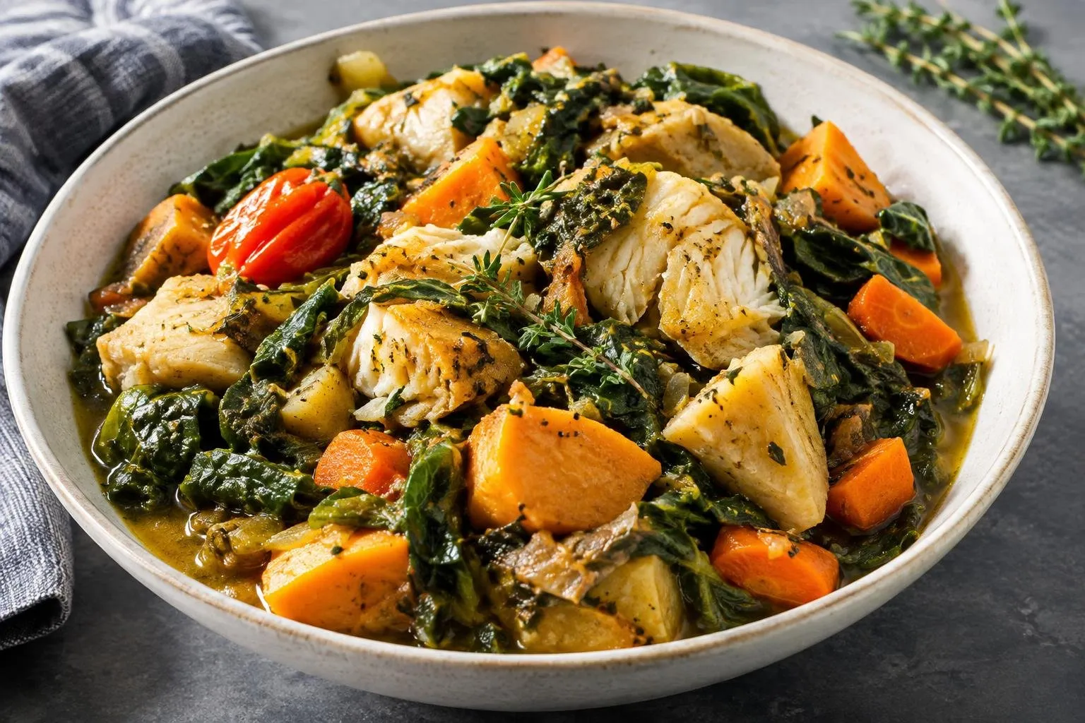 Caribbean Slow-Braised Callaloo and Salted Cod Stew plated and ready to serve