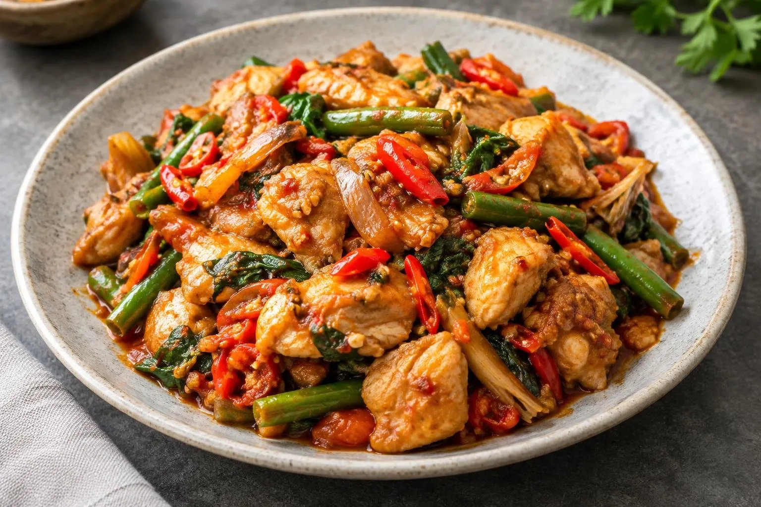 Indonesian Ayam Rica-Rica Stir-Fry with Seasonal Vegetables plated and ready to serve