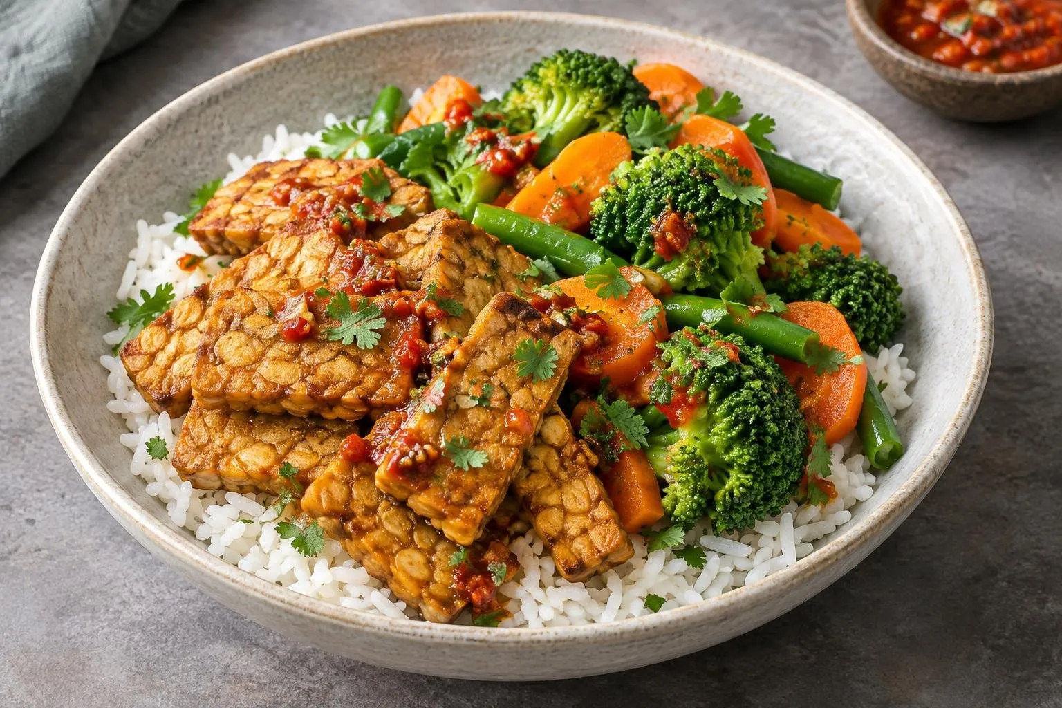 Indonesian Steamed Tempeh and Vegetable Grain Bowl plated and ready to serve