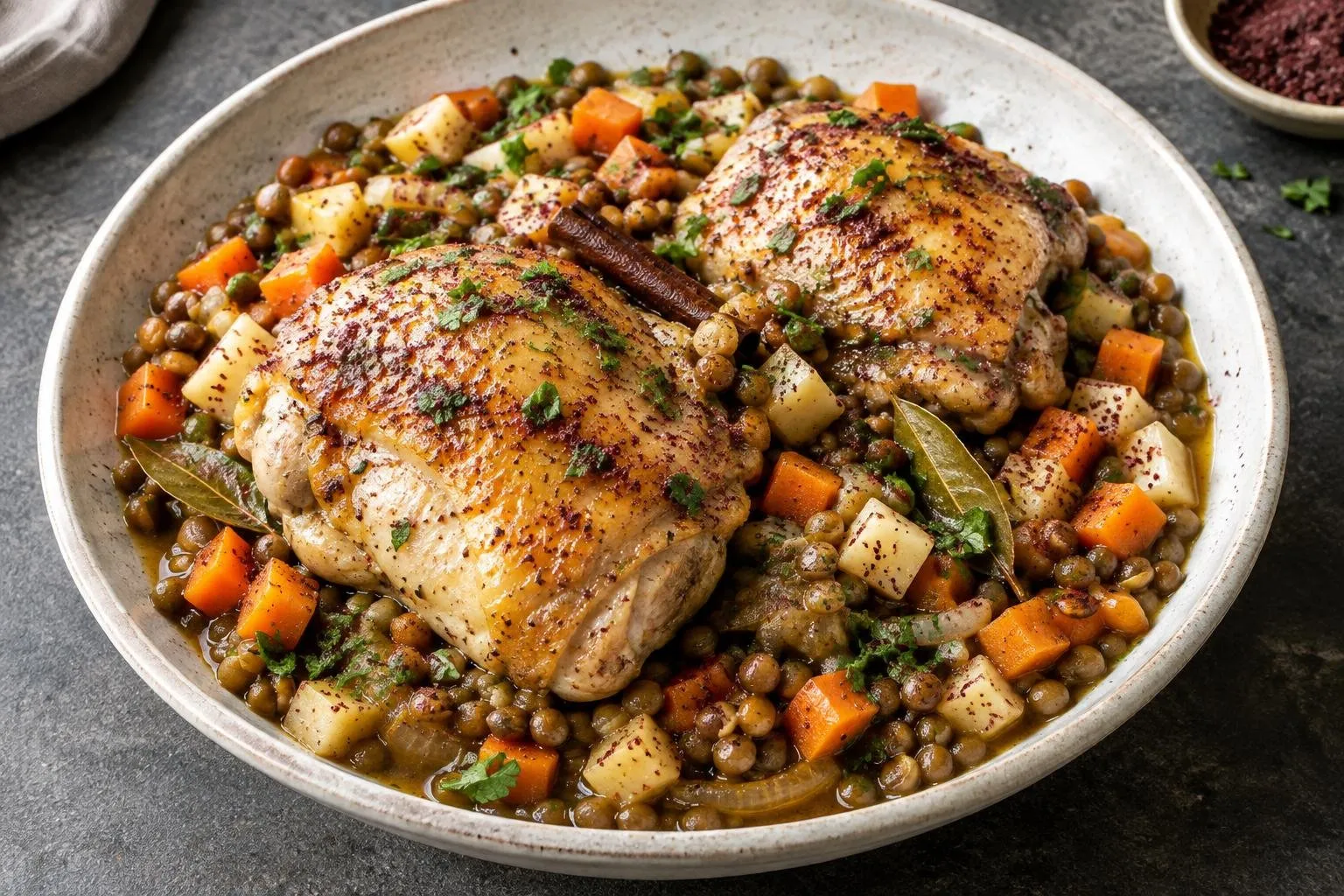 Lebanese Poached Chicken with Sumac and Lentils plated and ready to serve