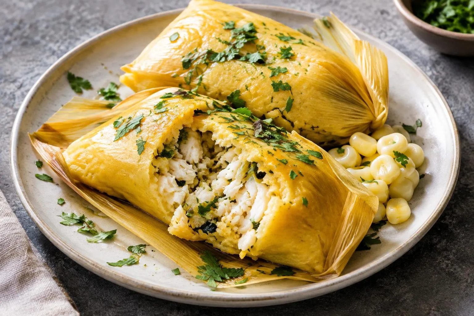 Peruvian Steamed Fish Tamales plated and ready to serve