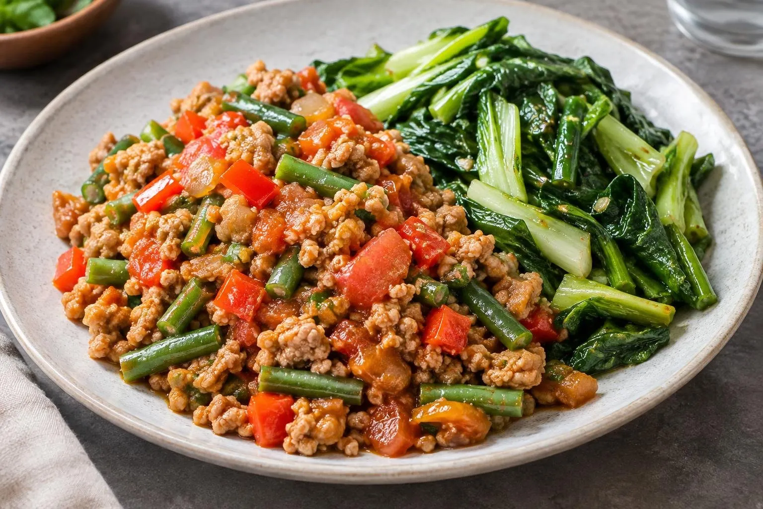 Chicken Giniling with Stir-Fried Seasonal Vegetables plated and ready to serve