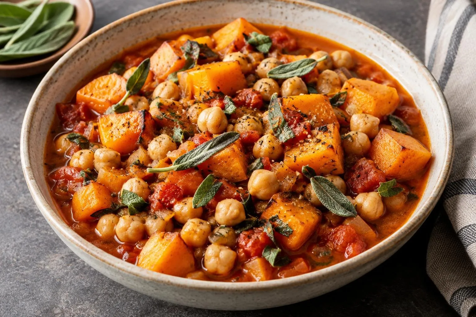 Roasted Butternut Squash and Sage Chickpea Stew plated and ready to serve