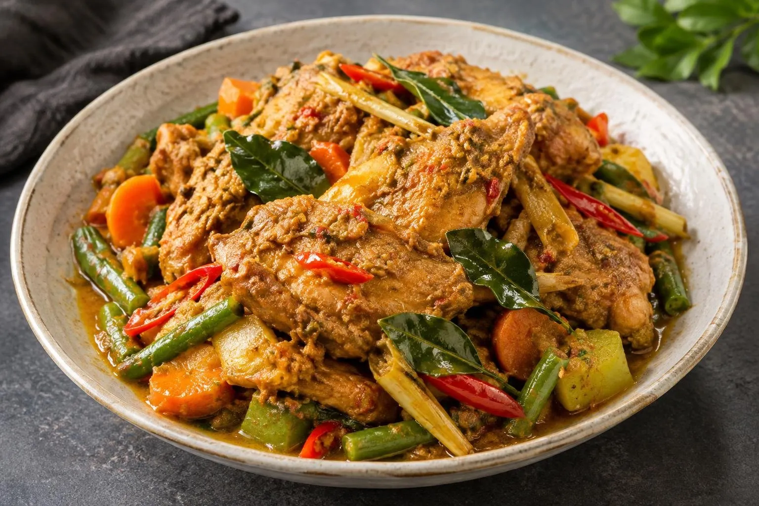 Slow-Braised Indonesian Ayam Betutu with Seasonal Vegetables plated and ready to serve