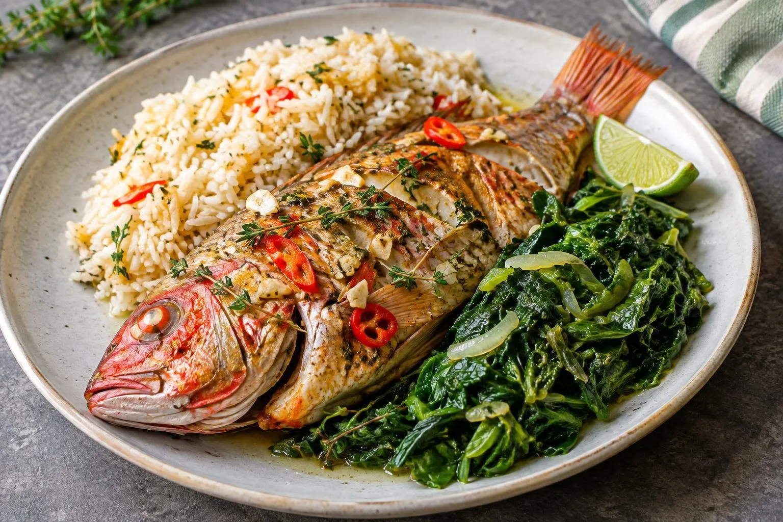 Caribbean Steamed Snapper with Callaloo and Spiced Coconut Rice plated and ready to serve