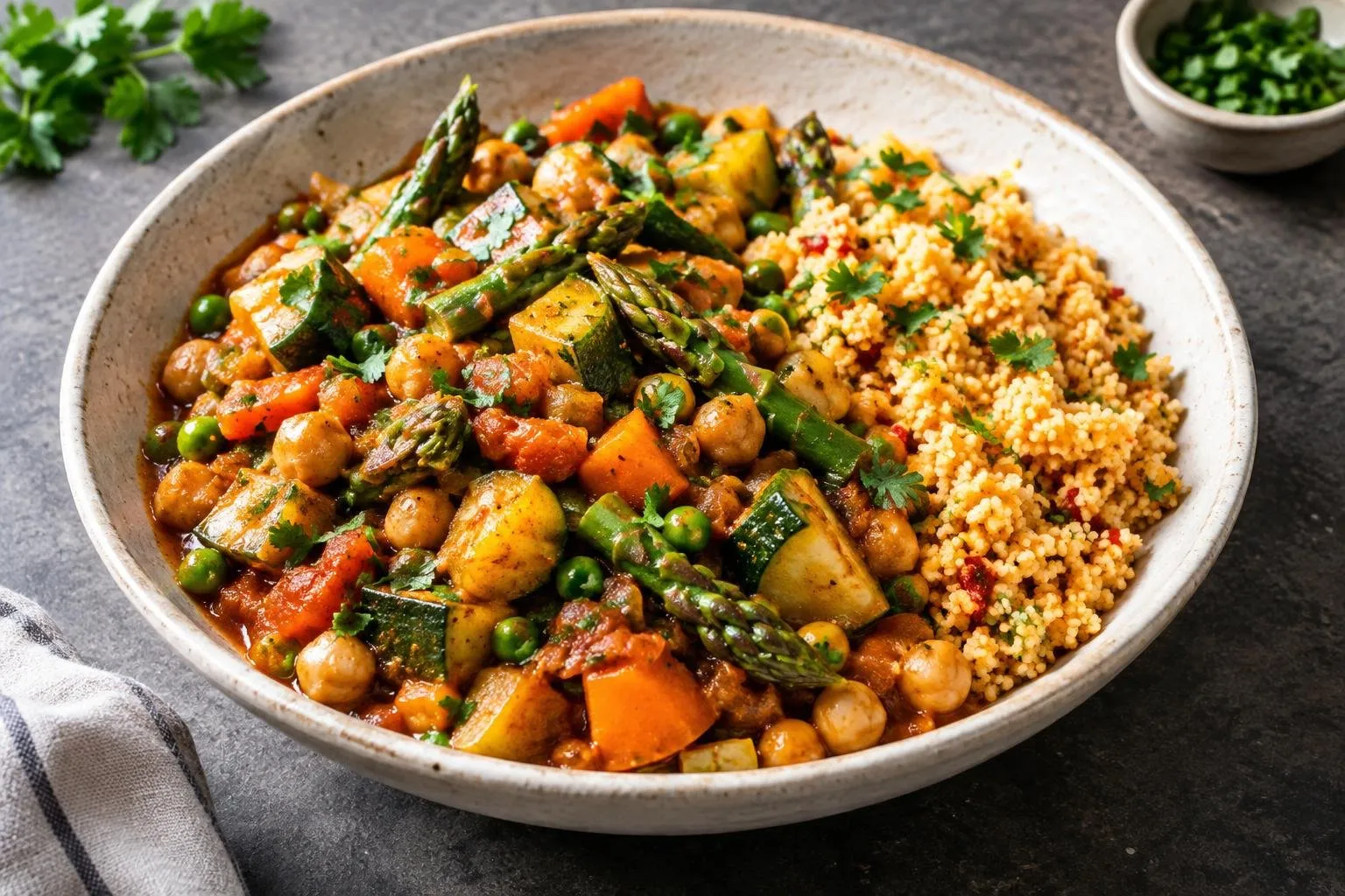 Spring Vegetable and Chickpea Tagine with Harissa Couscous plated and ready to serve