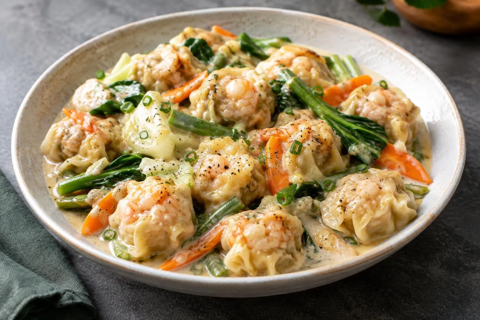 Ginataang Hipon Siomai (Filipino Shrimp Dumplings in Coconut Sauce) plated and ready to serve