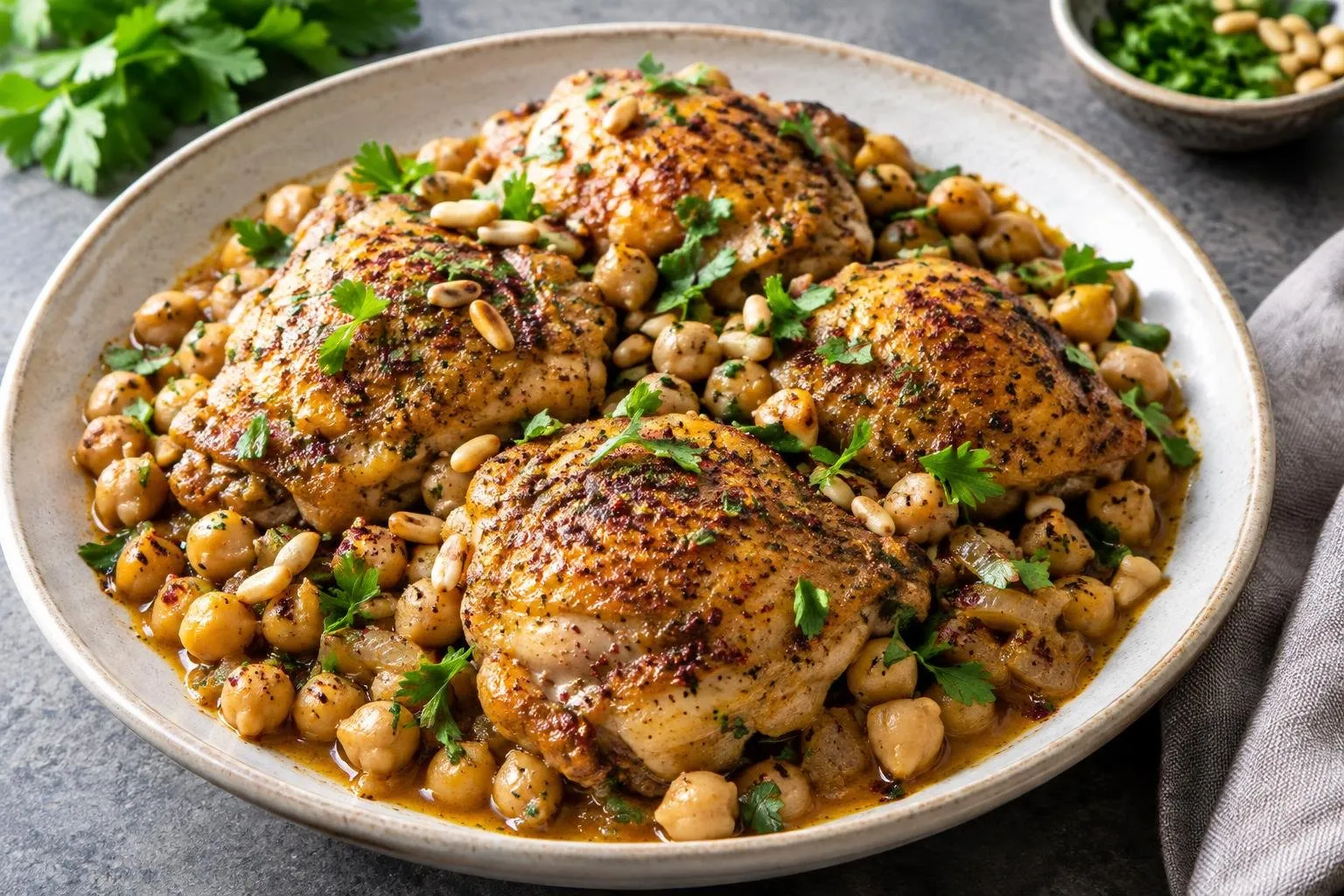 Pressure-Cooked Lebanese Chicken with Chickpeas and Sumac plated and ready to serve