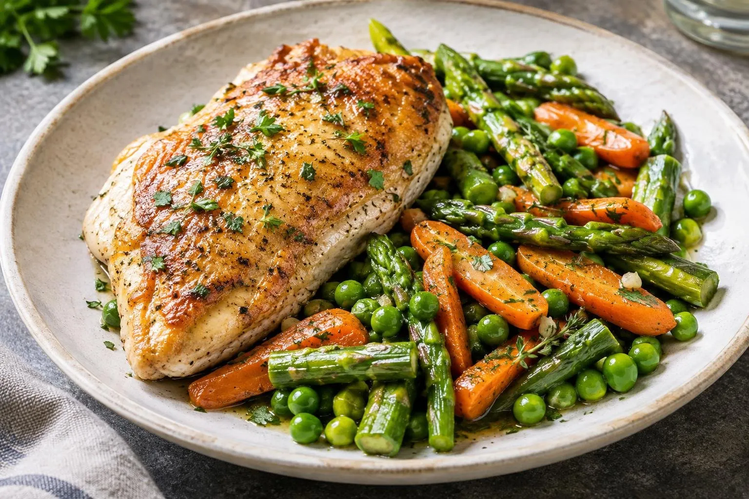 Pan-Seared Chicken with Spring Vegetable Medley plated and ready to serve