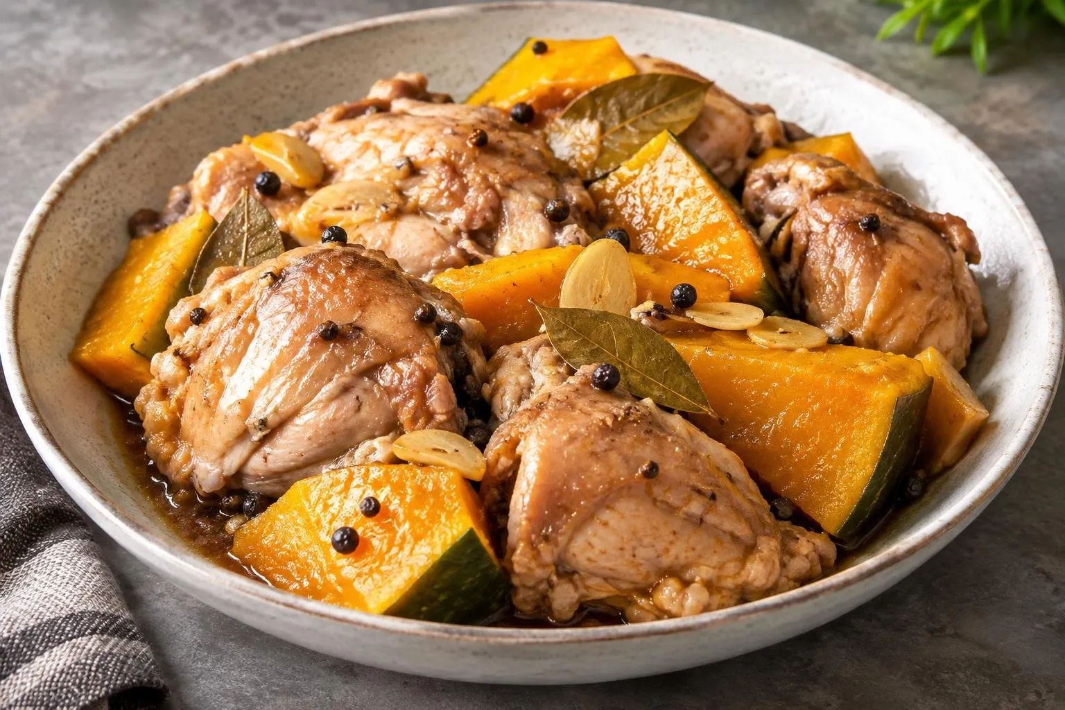 Steamed Chicken Adobo with Seasoned Pumpkin plated and ready to serve