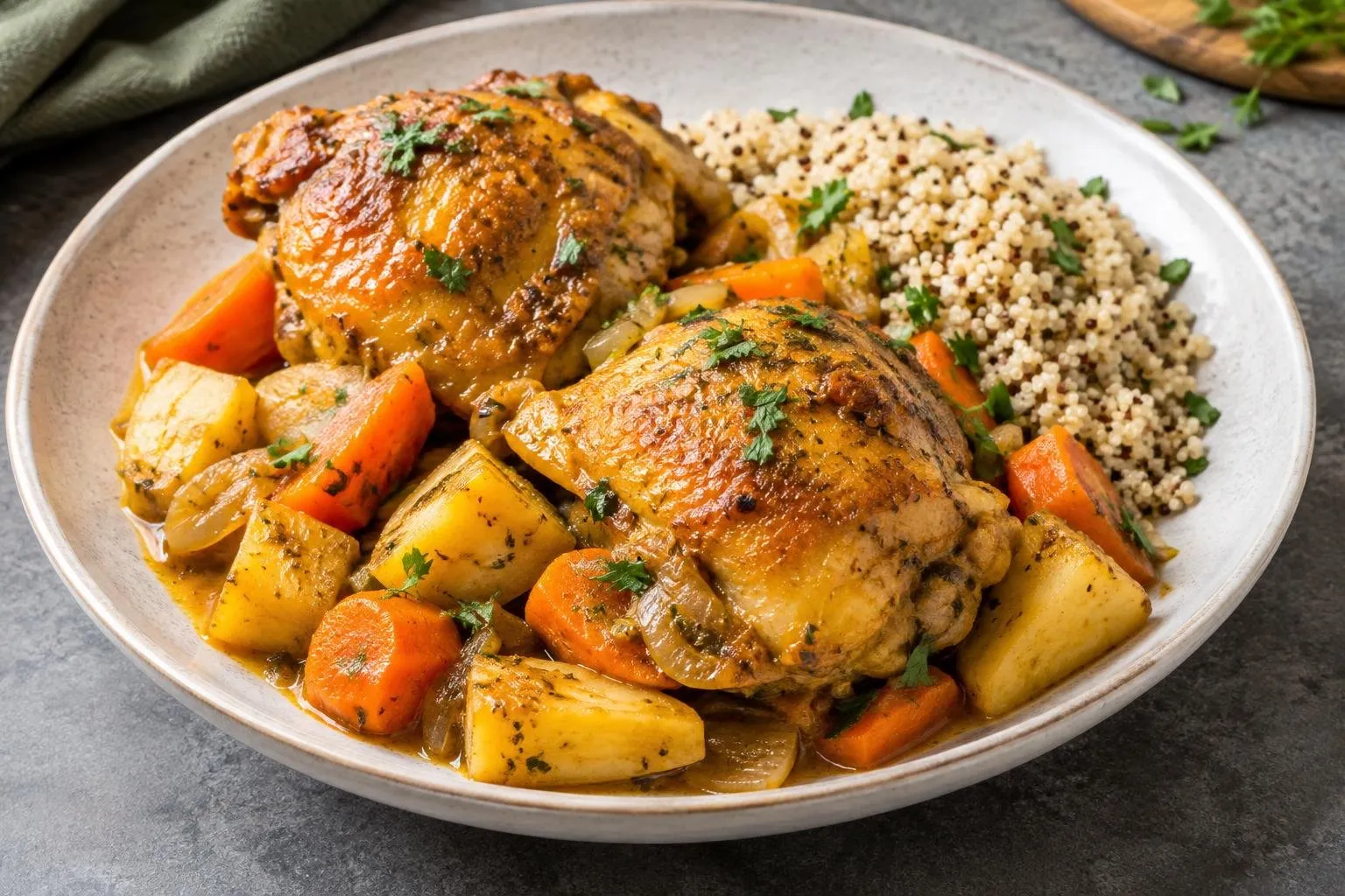 Peruvian Braised Chicken with Seasonal Root Vegetables plated and ready to serve