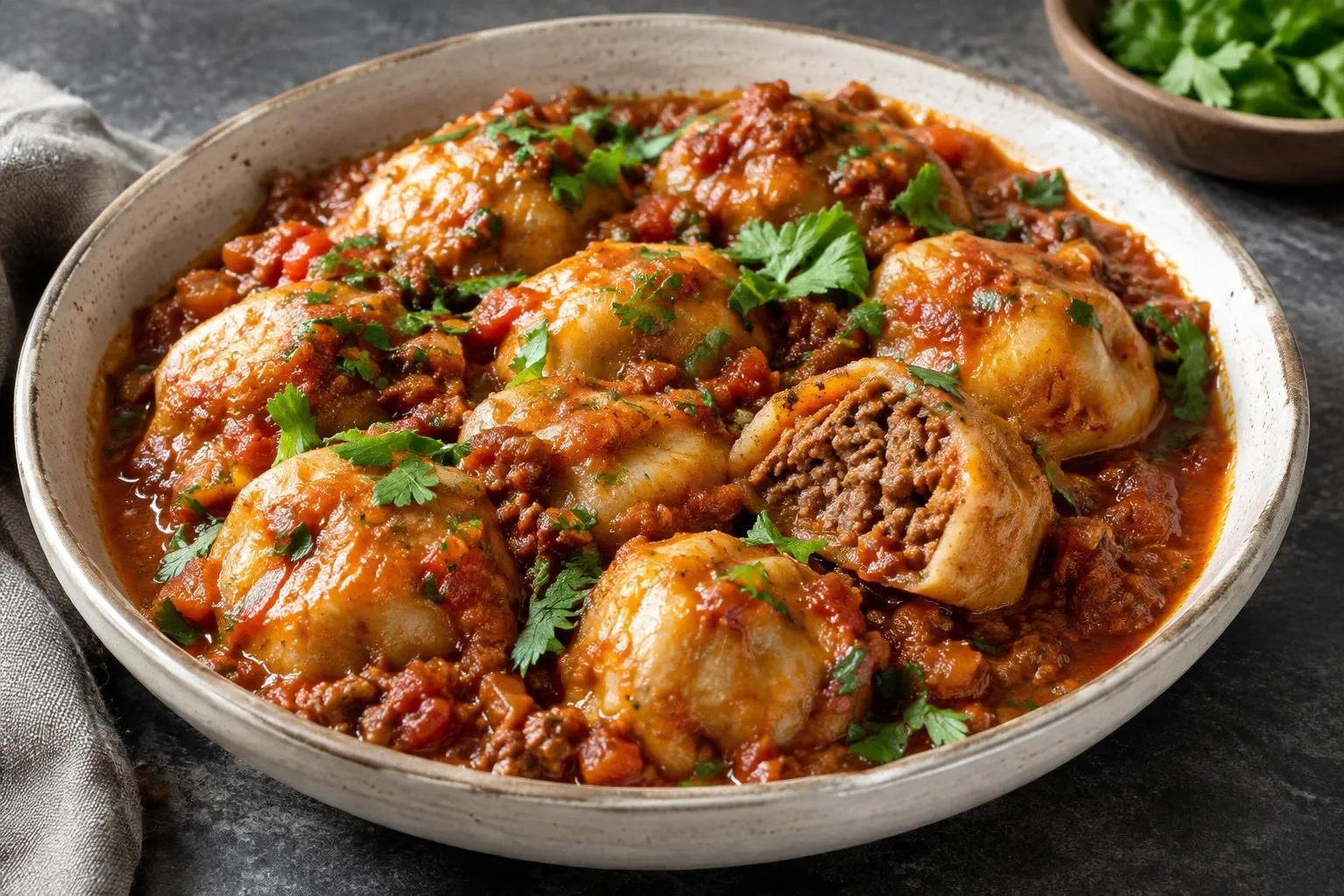 Slow-Braised Ethiopian Kitfo Dumplings plated and ready to serve