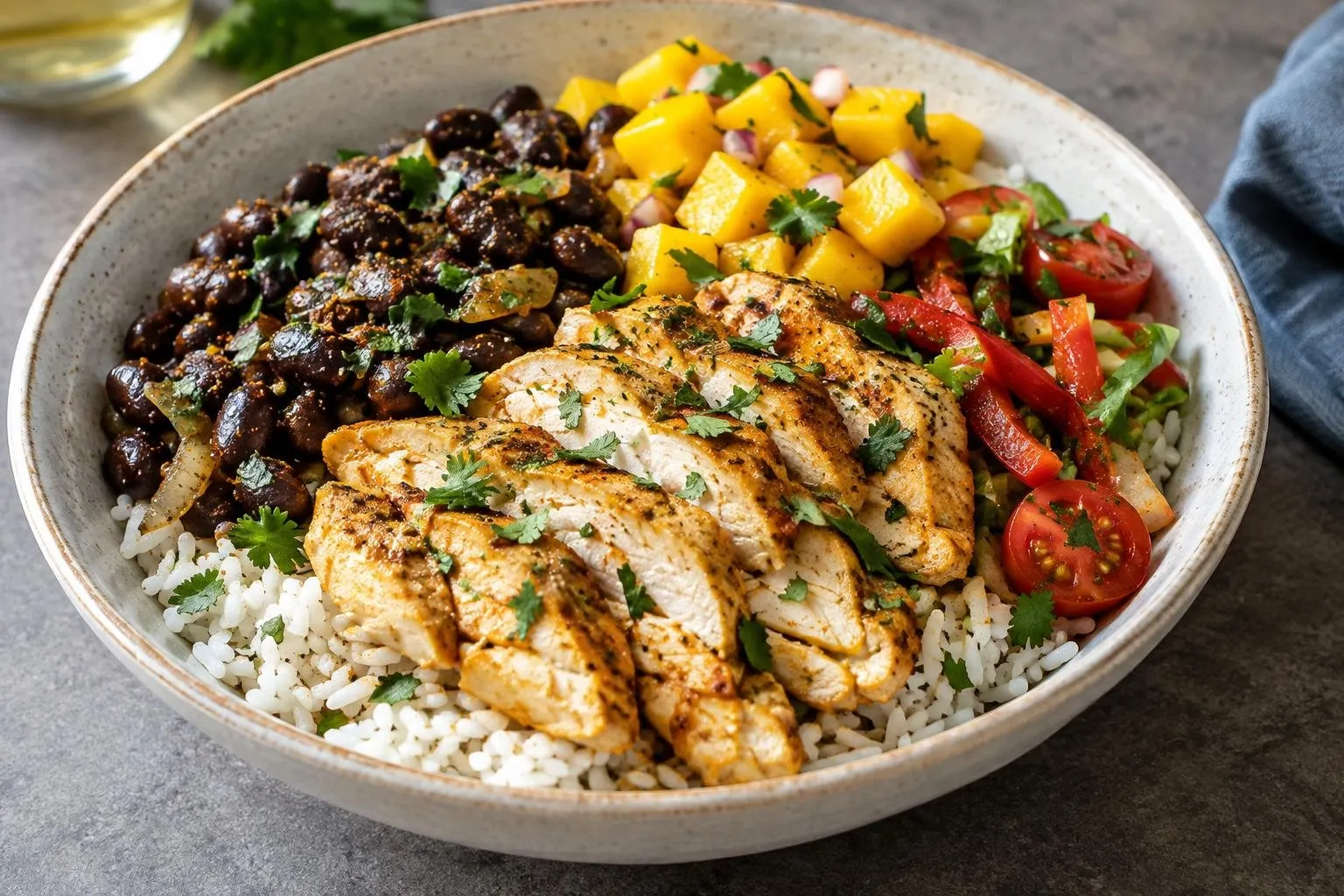 Poached Caribbean Chicken Grain Bowl with Mango and Black Beans plated and ready to serve