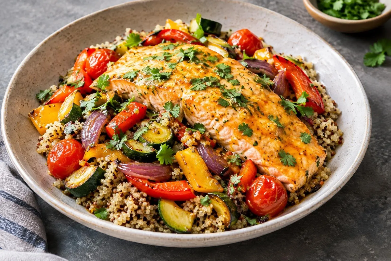 Peruvian Skillet Trout with Quinoa and Roasted Vegetables plated and ready to serve