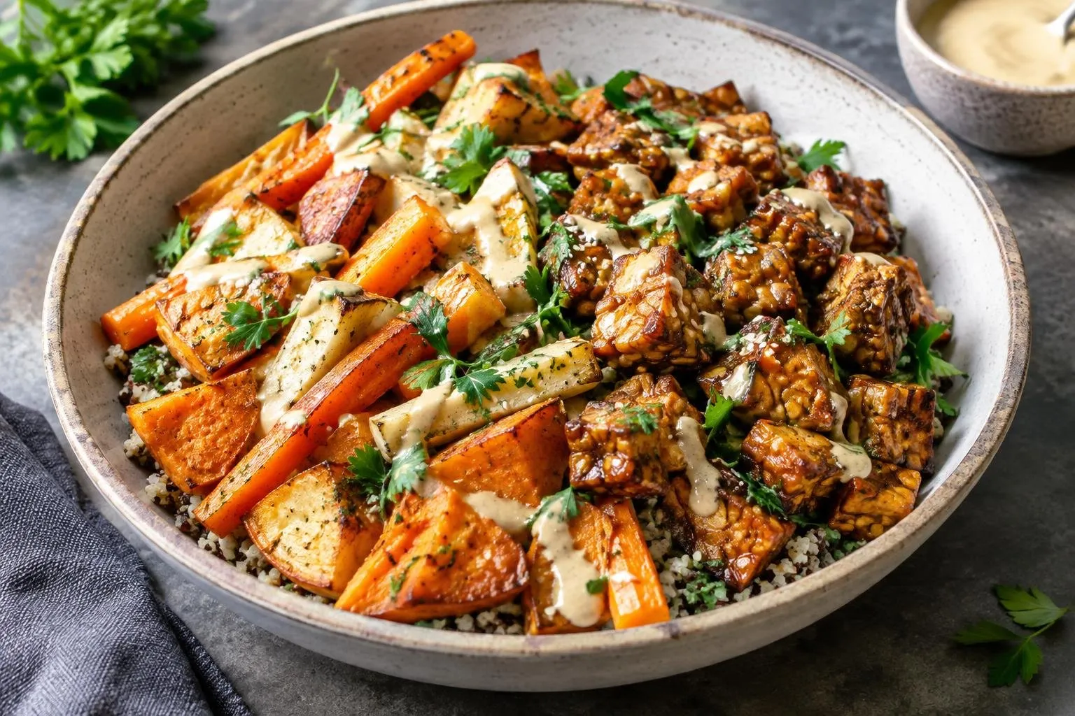 Roasted Autumn Root Vegetable and Tempeh Bowl with Maple-Tahini Dressing plated and ready to serve