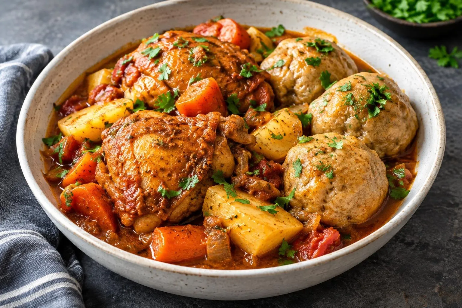 Ethiopian Spiced Chicken Stew with Injera Dumplings plated and ready to serve