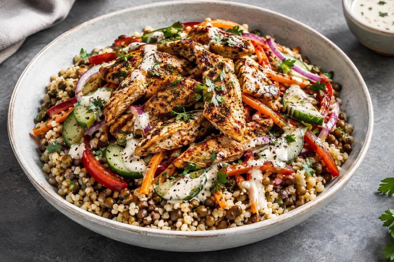 Lebanese Lentil and Bulgur Grain Bowl with Sumac-Spiced Chicken plated and ready to serve