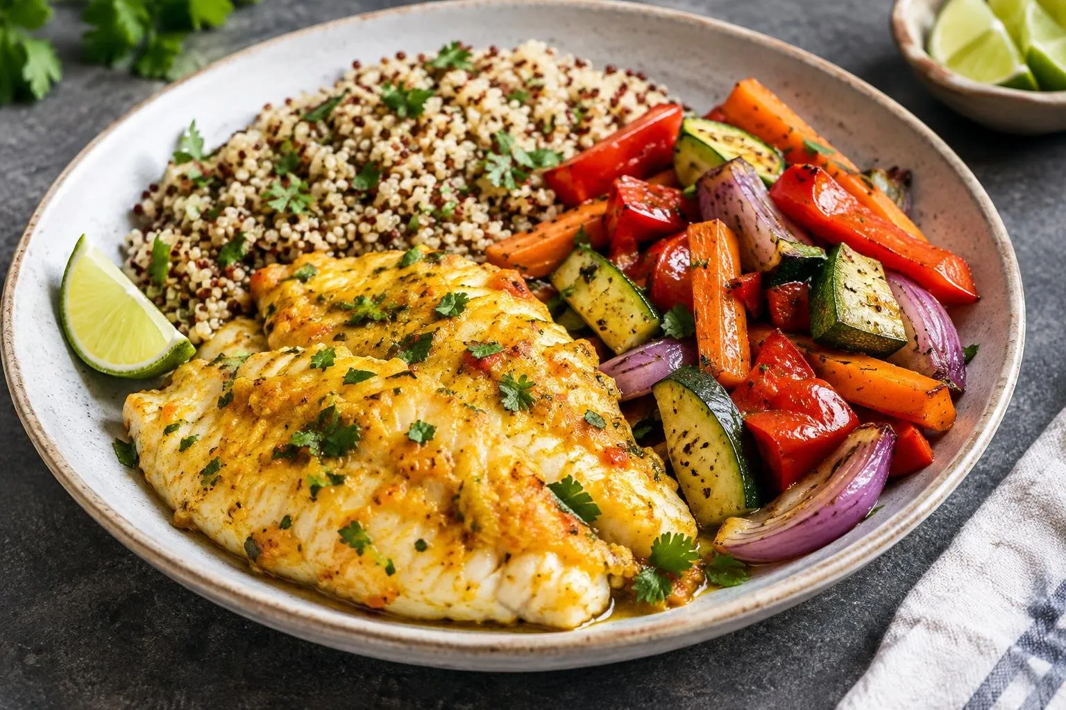 Peruvian Steamed Fish with Quinoa and Roasted Vegetables plated and ready to serve