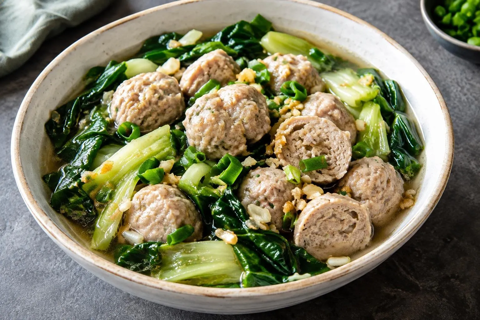 Indonesian Bakso Skillet Supper with Seasonal Greens plated and ready to serve