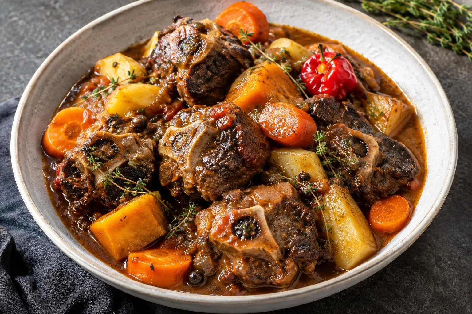 Slow-Braised Caribbean Oxtail Stew plated and ready to serve