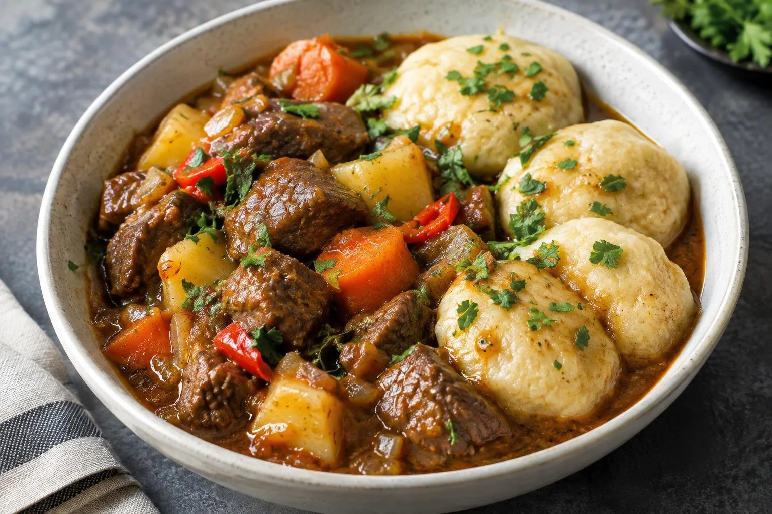Caribbean Beef Stew with Cassava Dumplings plated and ready to serve