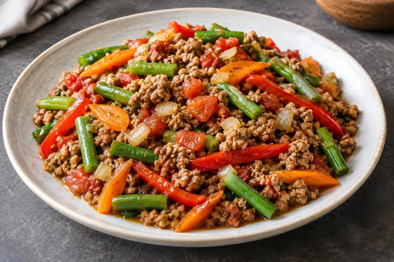 Filipino Pork Giniling with Stir-Fried Vegetables plated and ready to serve